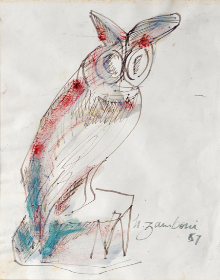Owl - Pastel Caryon/Black Pen #005